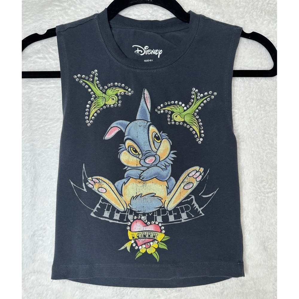Disney Thumper Y2K Tank Top Womens Small Gray Rhinestone Cutout Back 0960
